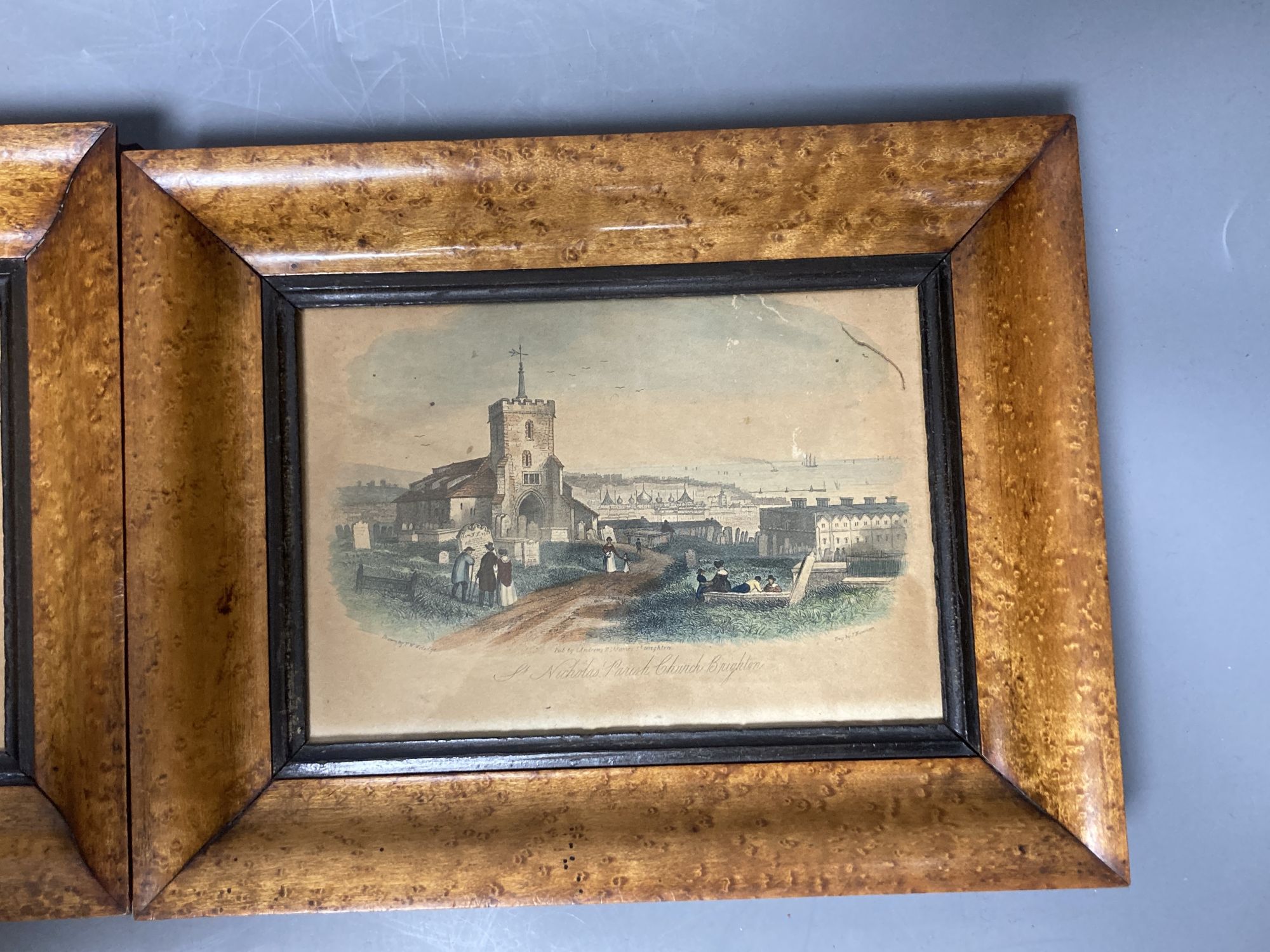 A pair of 19th century coloured prints of Brighton - St Peters Church and St Nicholas Paris Church, both maple framed, 11.5 x 16.5